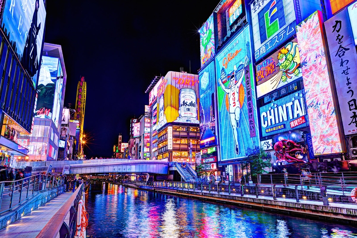 Dotonbori canal with neon signs at night, Osaka