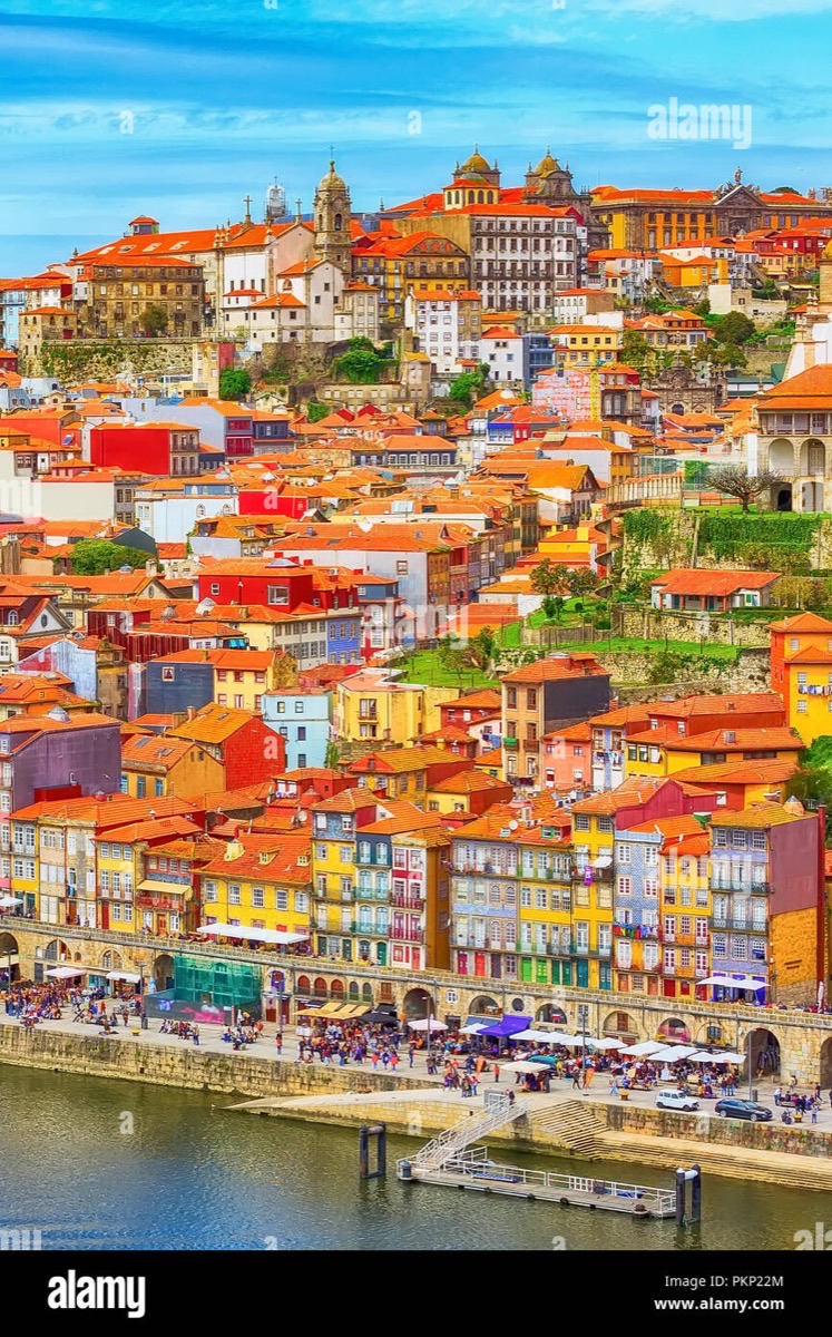 Aerial view of Ribeira Porto with colorful houses lining the Douro River