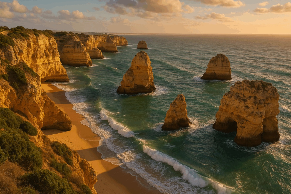 Golden-hour aerial view of the Algarve coastline with dramatic sea stacks and sandy beaches