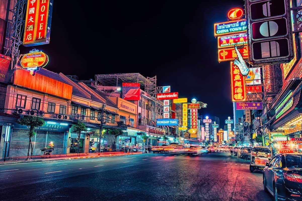 Yaowarat Road Bangkok Chinatown glowing neon lights at night
