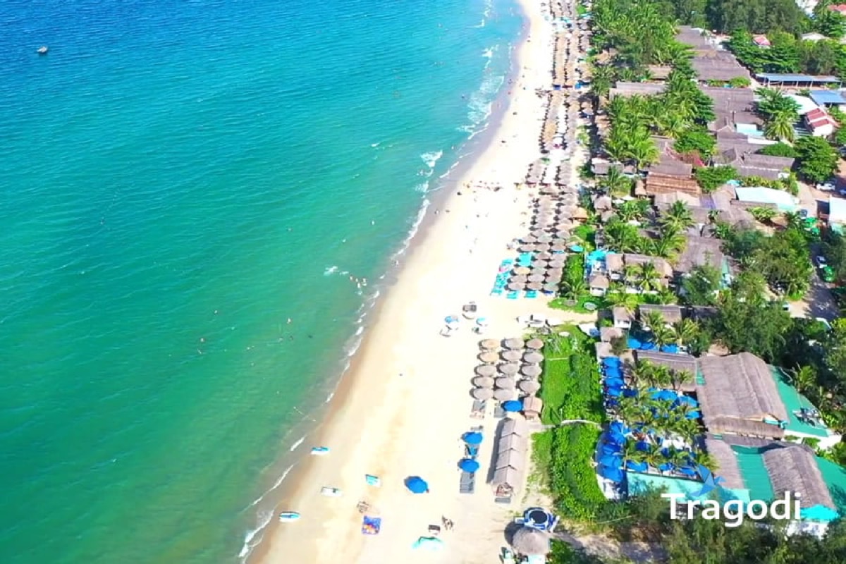 An Bang Beach Hoi An with palm trees, thatched umbrellas, and rolling waves