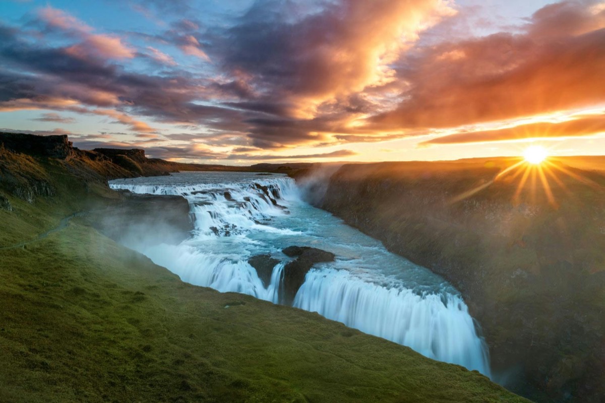 Gullfoss waterfall at golden hour, Iceland Golden Circle