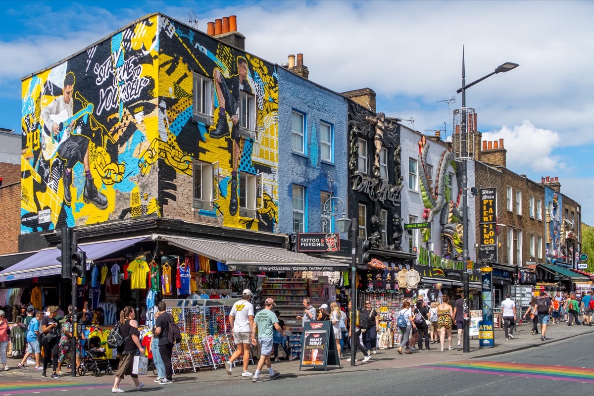 Colorful murals and eclectic shopfronts along Camden High Street, London