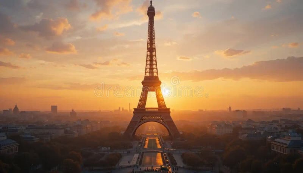 Eiffel Tower at golden hour in Paris with the city skyline glowing at sunset
