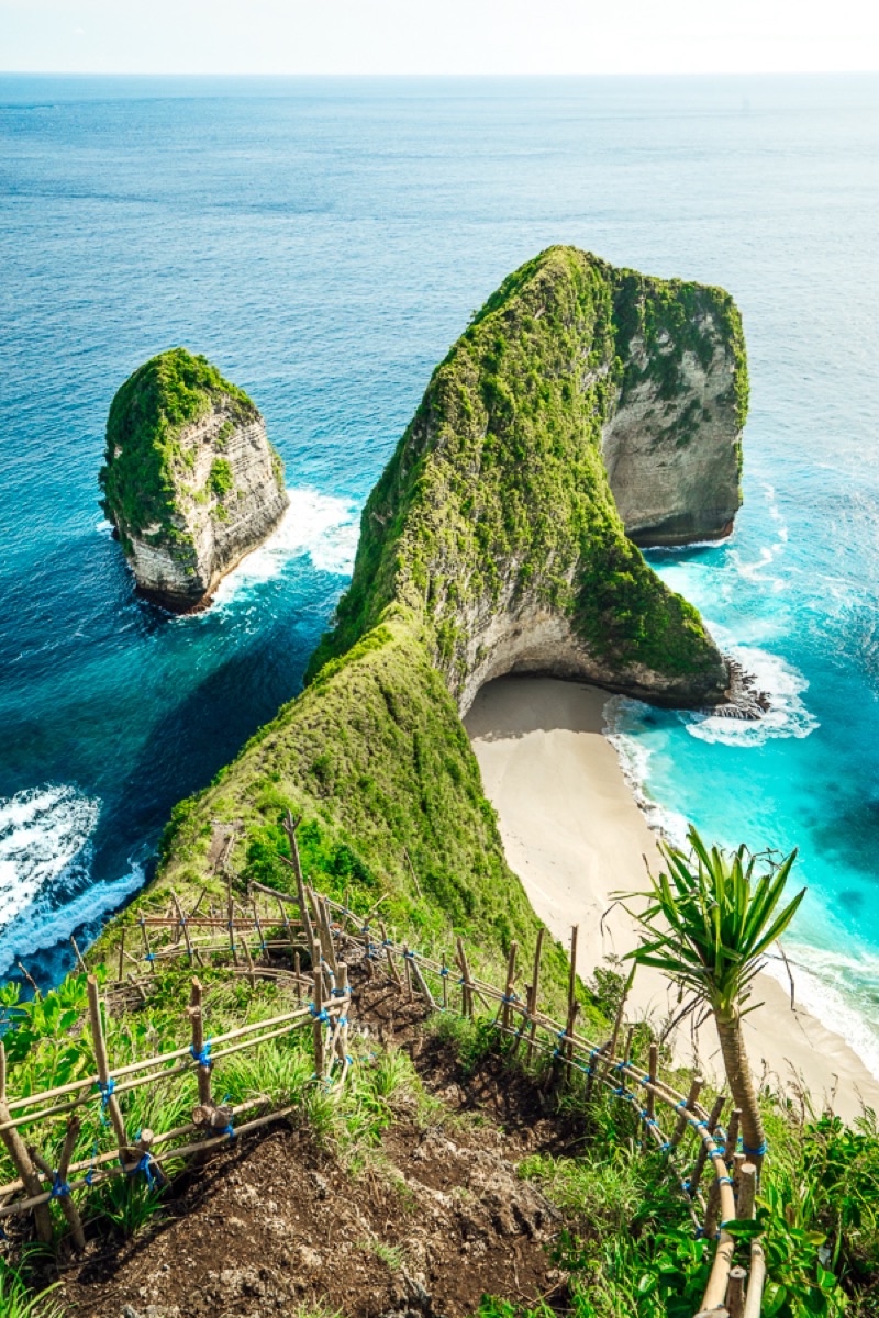 Kelingking Beach Nusa Penida Bali T-Rex cliff with turquoise water and bamboo stairway