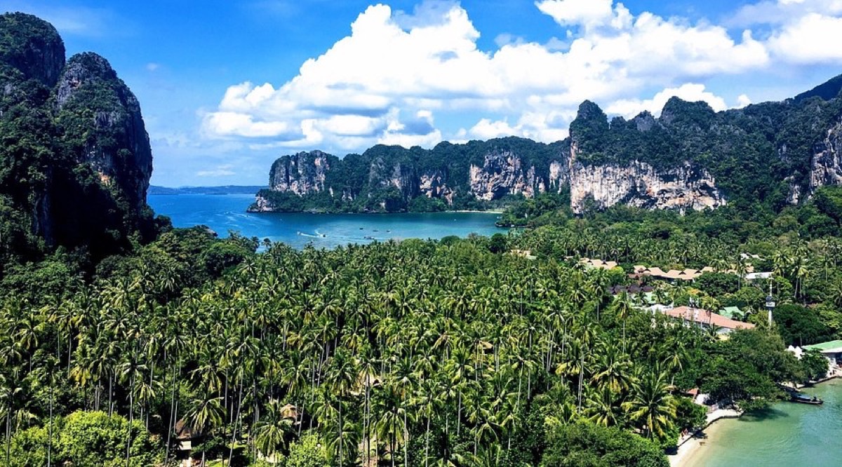 Railay Beach panoramic viewpoint Krabi limestone cliffs and turquoise Andaman Sea