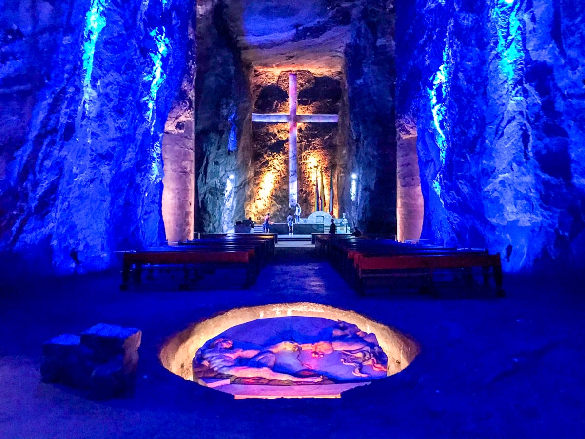 Illuminated cross inside the Zipaquira Salt Cathedral underground nave, Colombia