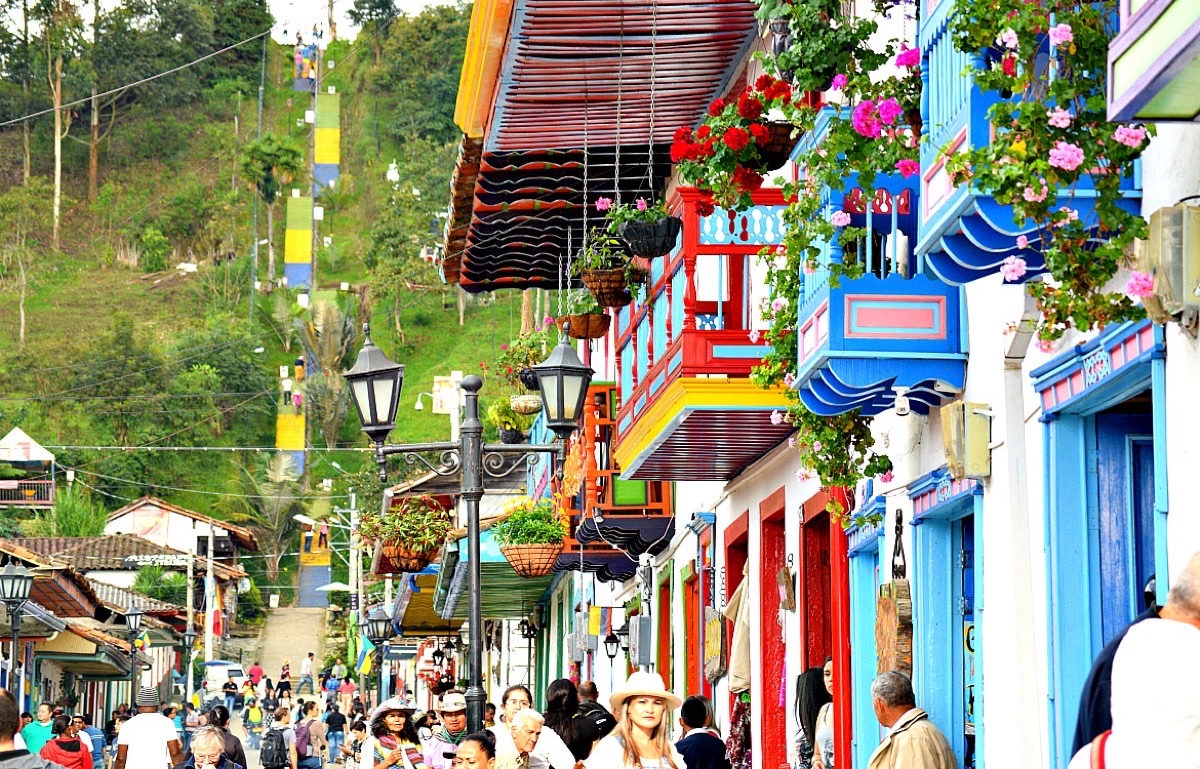 Vibrant colorful balconies and staircase of Salento in Colombia's coffee region