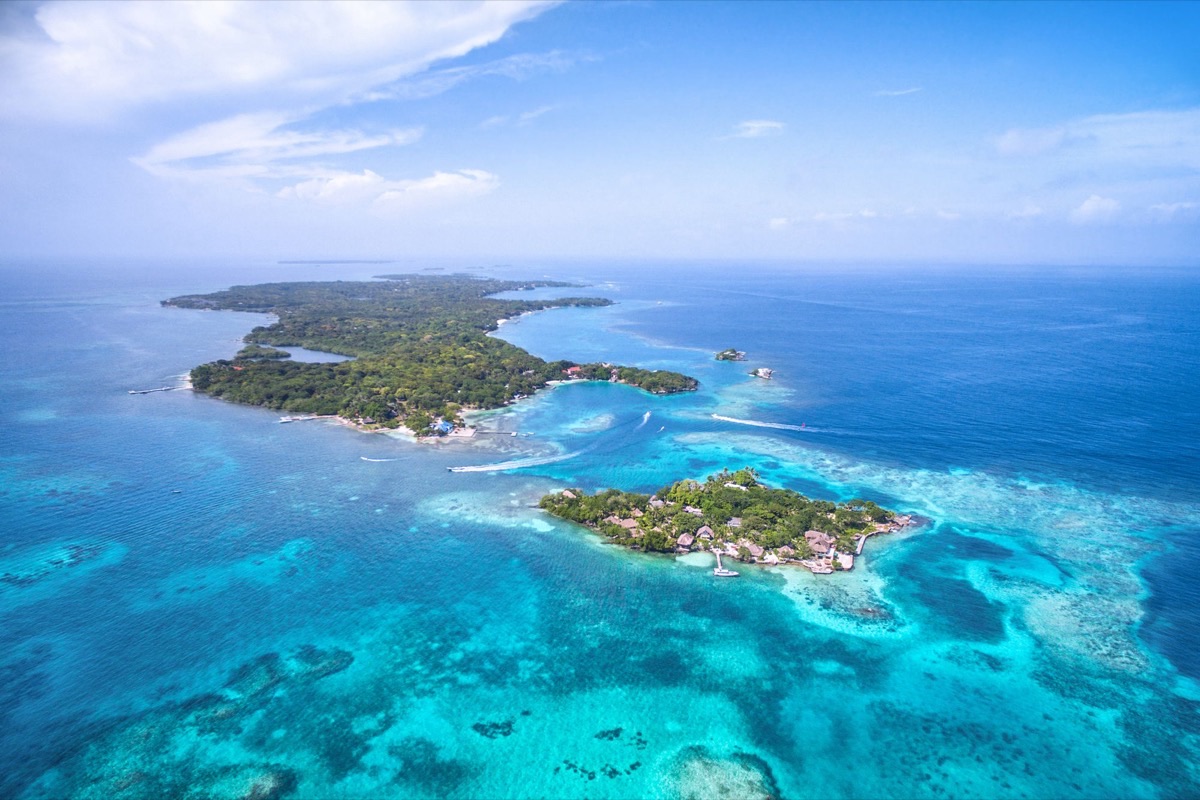 Aerial view of the Rosario Islands showing turquoise Caribbean waters and lush green islands off Cartagena, Colombia