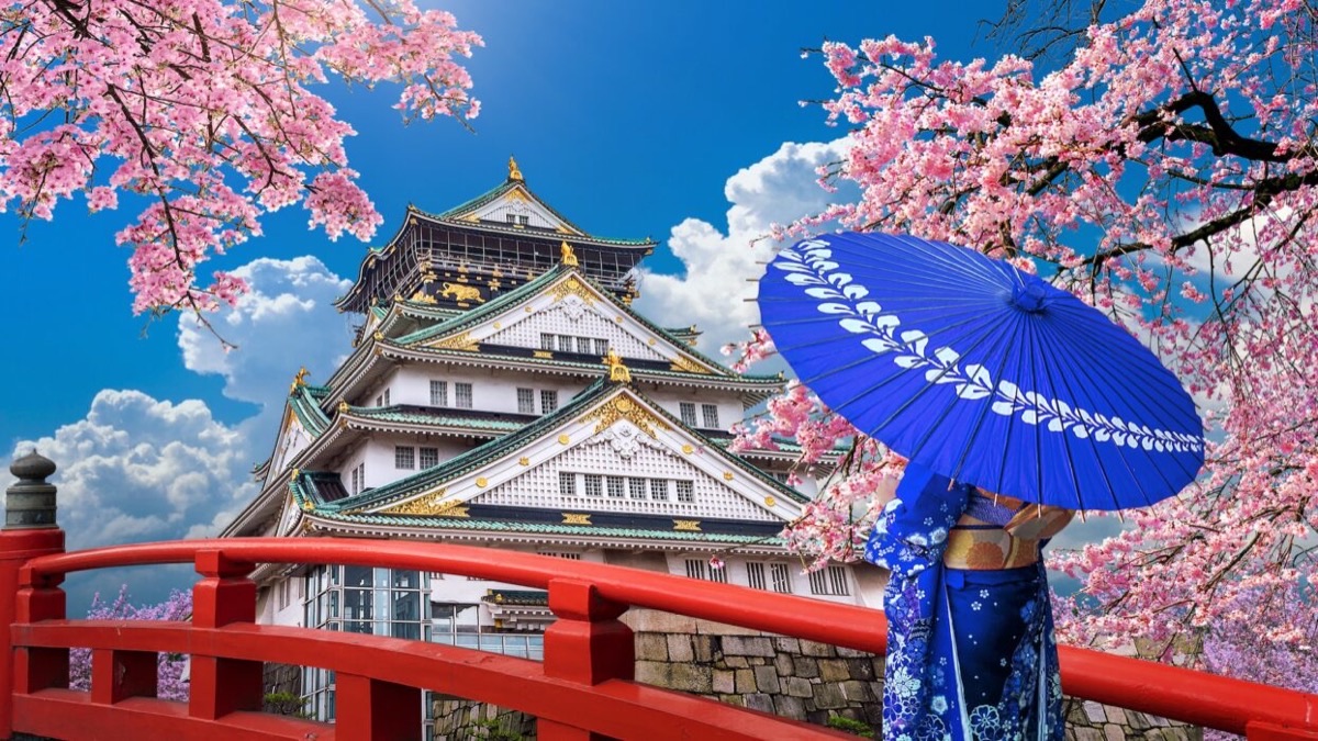 Osaka Castle with cherry blossoms and kimono, Japan