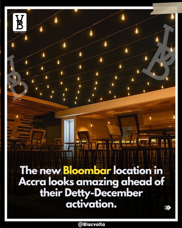 Bloom Bar outdoor patio with string lights in Osu, Accra