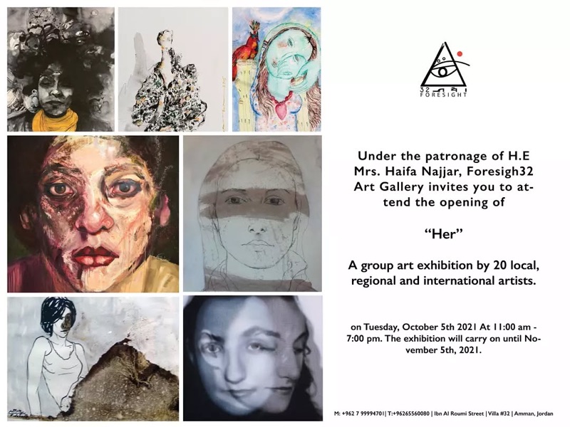 Her group exhibition at Foresight32 Art Gallery featuring diverse portrait artworks in Abdoun