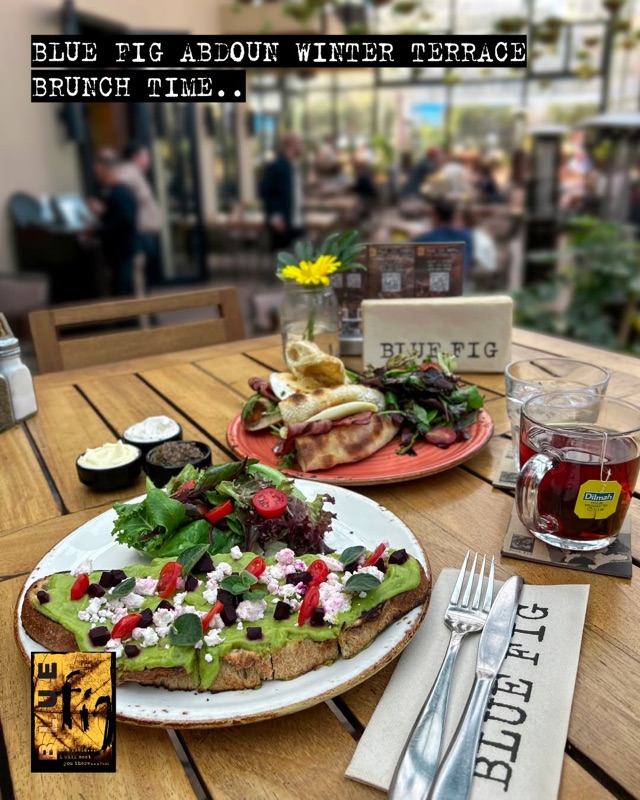 Blue Fig restaurant terrace brunch spread in Abdoun, Amman