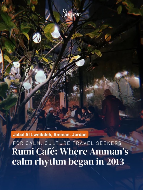 Rumi Cafe evening terrace with string lights in Al Lweibdeh, Amman