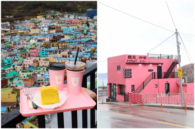 Coffee It House pink cafe in Gamcheon Culture Village with panoramic views