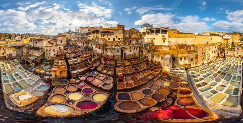 Panoramic view from Terrace #64 over Chouara Tannery in Fez