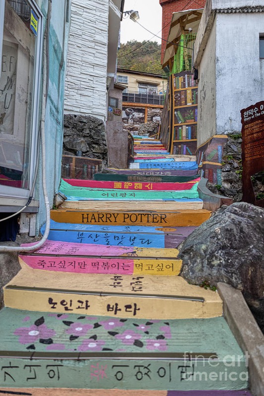Colorful book staircase at Cheon Deok Su with rooftop views, Gamcheon Culture Village
