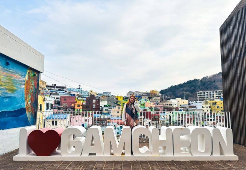 I Love Gamcheon sign with colorful village panorama