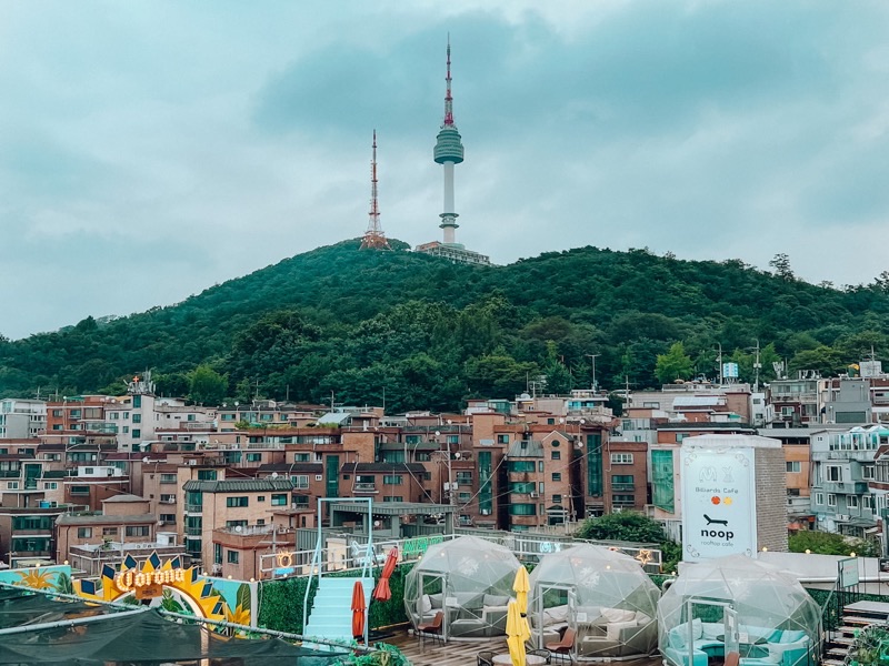Noop Cafe rooftop with Namsan views in Haebangchon Seoul
