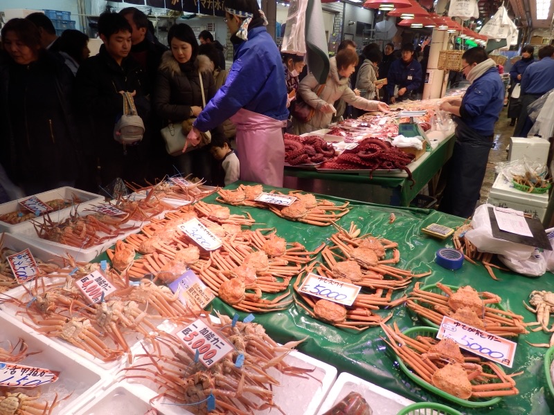 Snow crab zuwaigani on display at Kanazawa seafood market during crab season