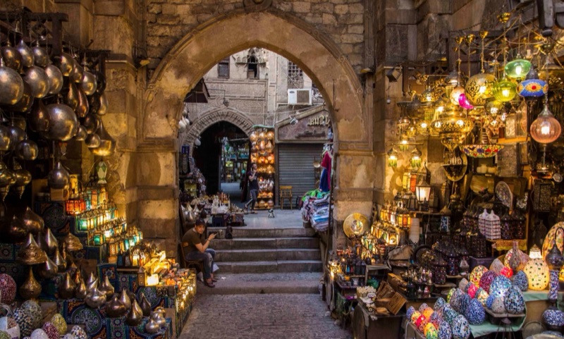 Cafés along Sekat Al Badstan covered passage in Khan el-Khalili