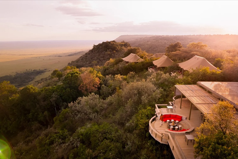 Angama Mara lodge perched on the escarpment overlooking the Maasai Mara