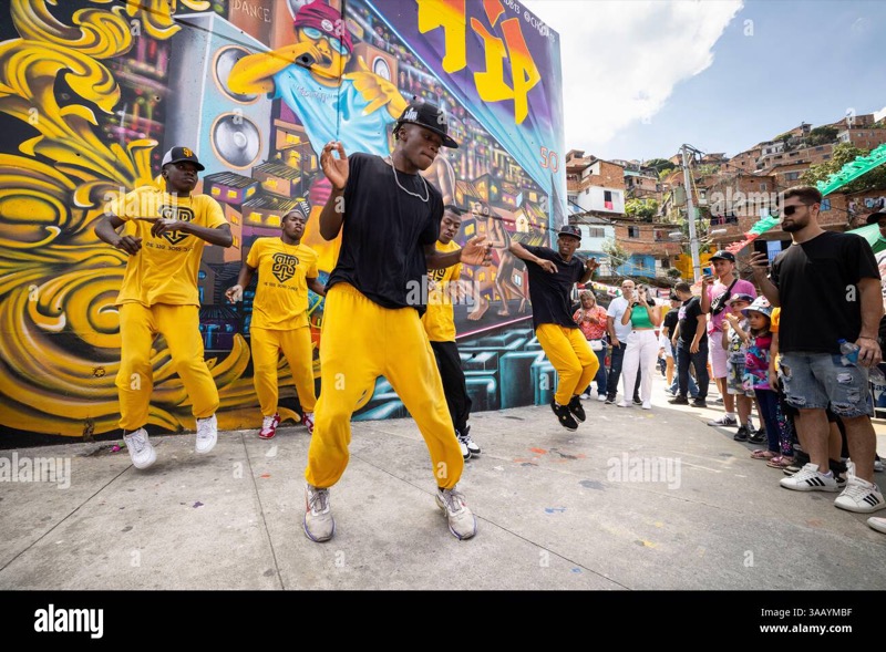 Breakdancers performing in Comuna 13 plaza