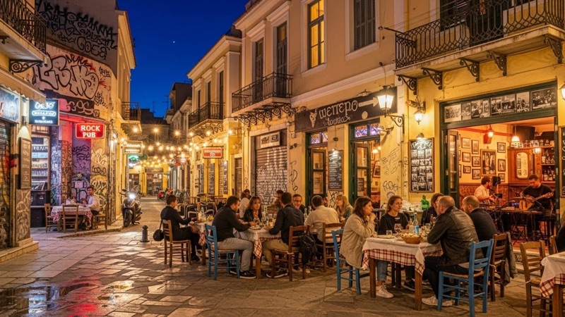 Psiri neighbourhood Athens evening tavernas and street food