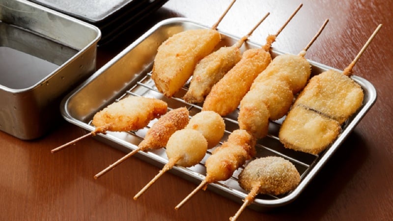 Kawashiya kushikatsu and kasu udon in Shinsekai, Osaka