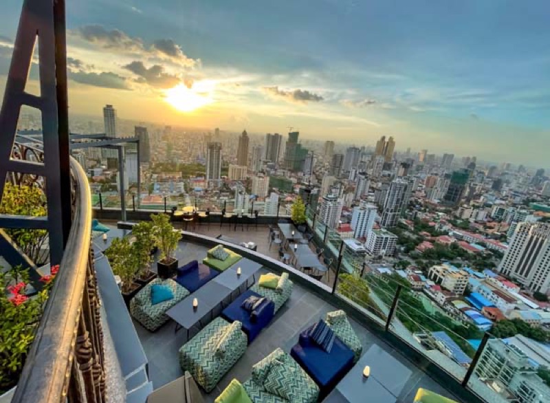 Celeste Revolving Sky Bar rooftop lounge overlooking Phnom Penh skyline
