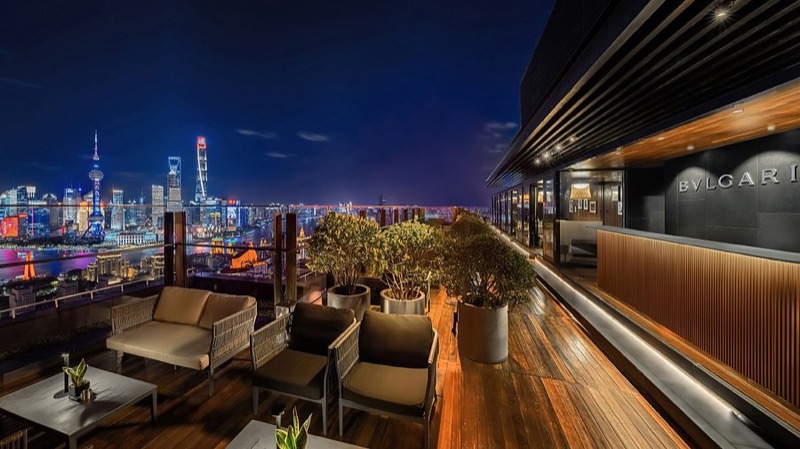La Terrazza rooftop bar at Bulgari Hotel Shanghai with Pudong skyline