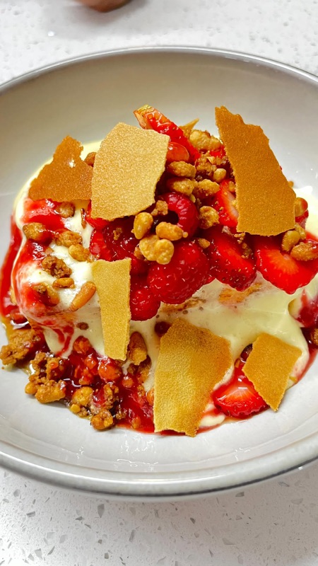 Beautiful strawberry dessert at Bkookies Café in East Toronto