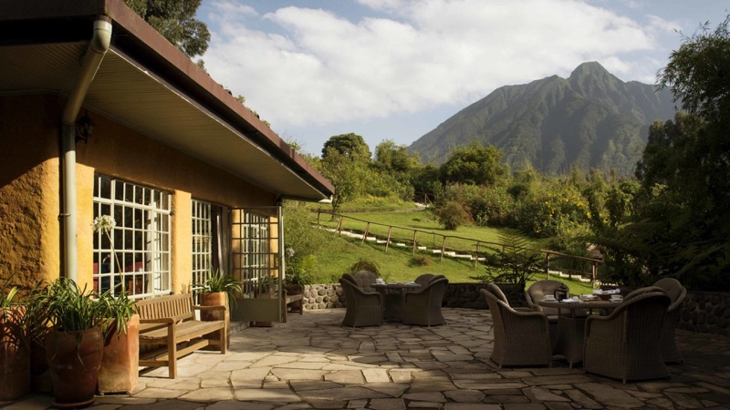 Sabyinyo Silverback Lodge cottage exterior with volcano views, Rwanda