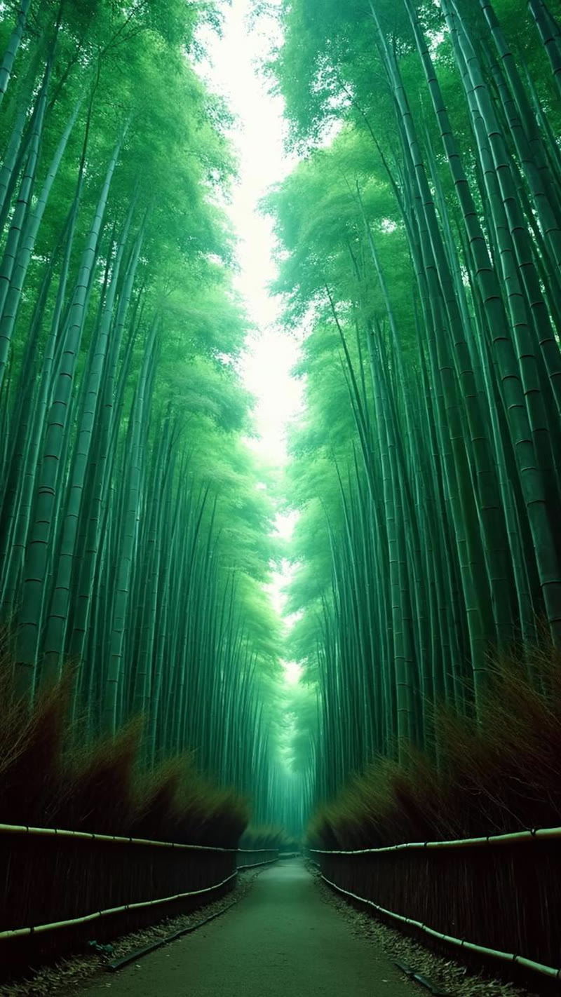 AI-generated photograph of Arashiyama bamboo grove by CogView-4 — oversaturated modern cinematic look, rated 2.5/10