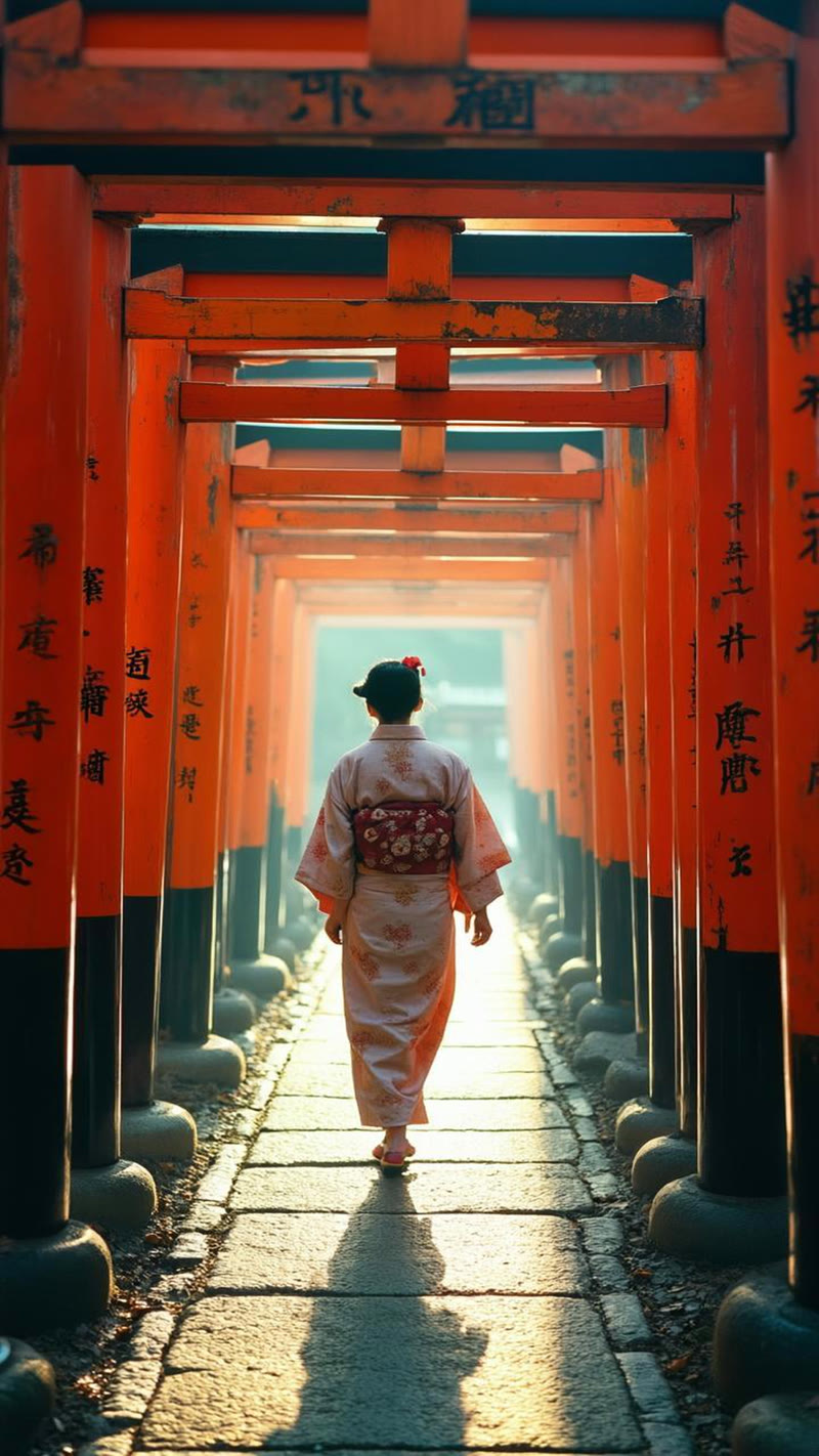 AI-generated photograph of Fushimi Inari by CogView-4 — cinematic modern look instead of vintage, garbled kanji, rated 4/10