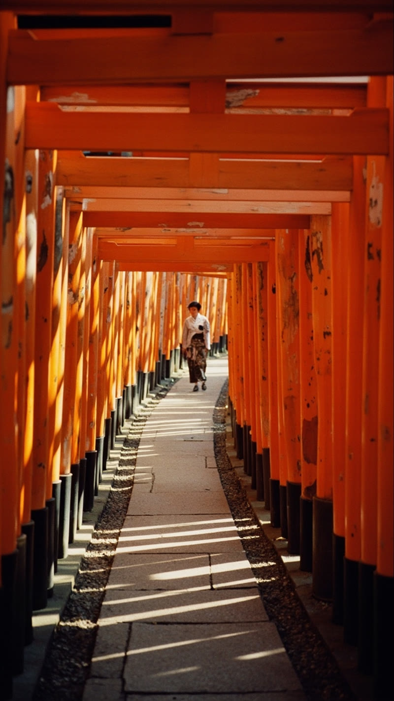 AI-generated vintage photograph of Fushimi Inari torii gates by MiniMax image-01 — warm color science but wrong POV, rated 5.5/10