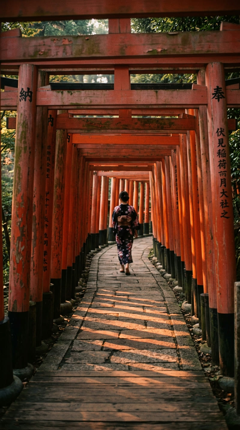 AI-generated vintage 1970s photograph of Fushimi Inari torii gates in Kyoto, created by Nano Banana 2 (Gemini 3.1 Flash) — rated 9.5/10 for authenticity