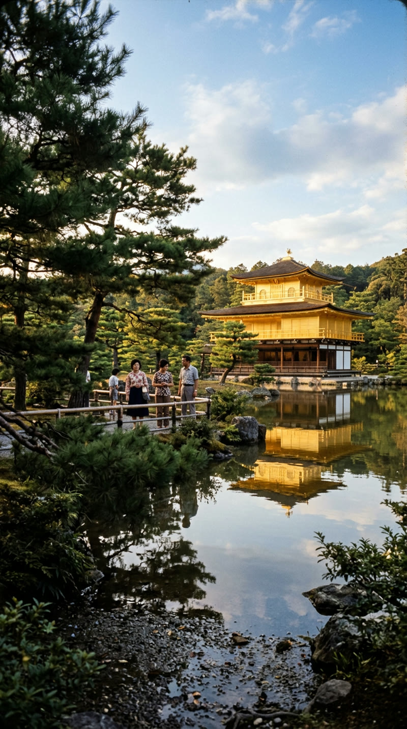 AI-generated vintage 1970s photograph of Kinkaku-ji Golden Pavilion reflected in mirror pond, created by Nano Banana 2 — muted gold tones, rated 8/10