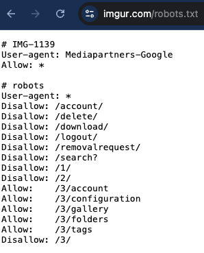 Imgur's robots.txt file showing aggressive path blocking