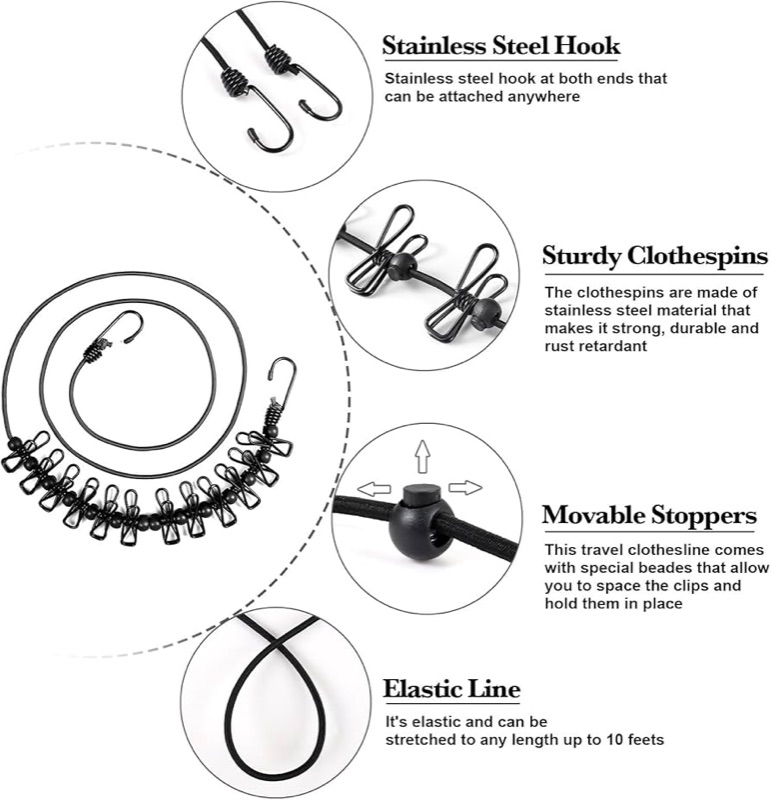 HAWATOUR portable travel clothesline with clips