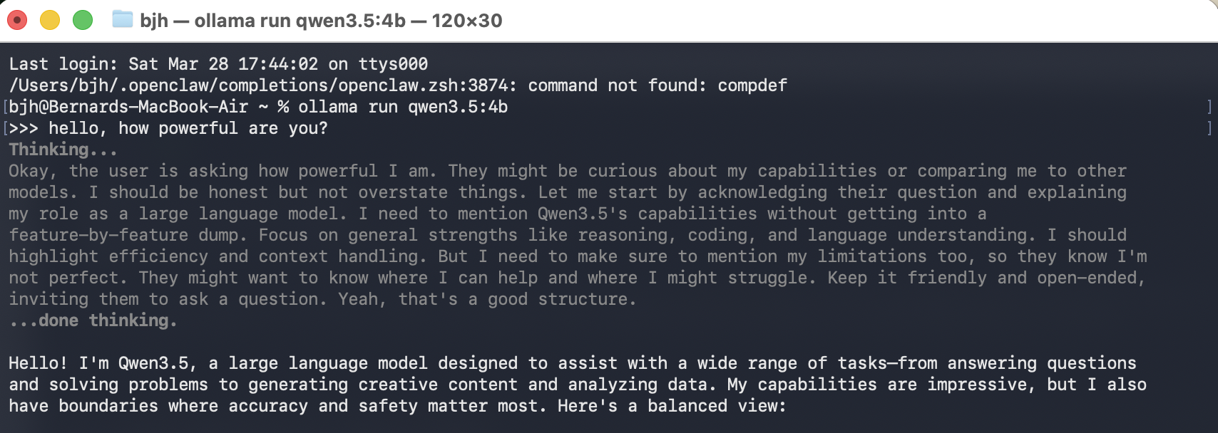 Qwen 3.5 4B running locally via Ollama on a MacBook Air, showing thinking and response
