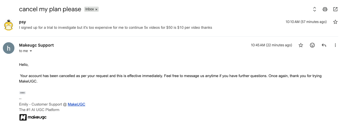 MakeUGC cancellation email — support responded in 35 minutes confirming immediate cancellation