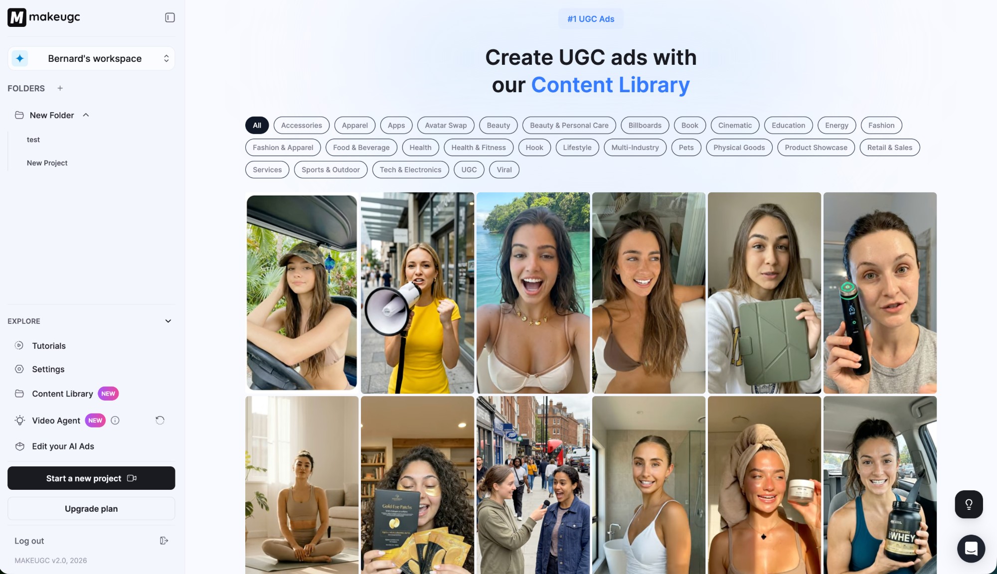 MakeUGC content library showing dozens of UGC avatar templates across beauty, fashion, and ecommerce categories