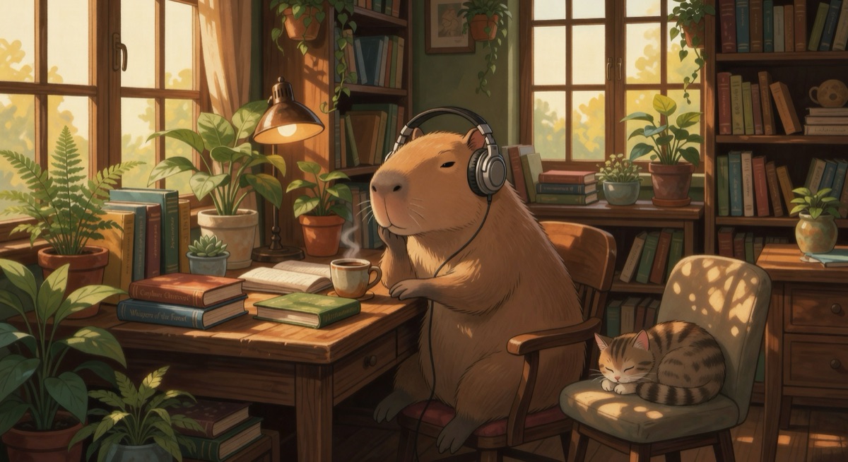 Grok lofi capybara #2 — nearly identical to #1 with minor composition changes, rated 7.8/10
