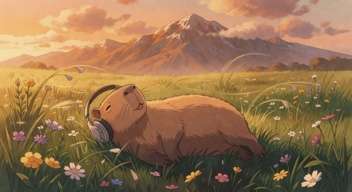 Grok outdoor capybara #2 — near-twin of #1 with same tongue-out expression, rated 7.5/10