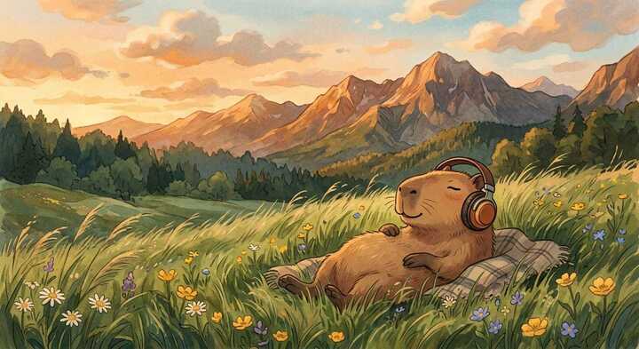 Watercolor illustration of a capybara wearing headphones lying in a grassy meadow at sunset — the source image for our AI video generation comparison test