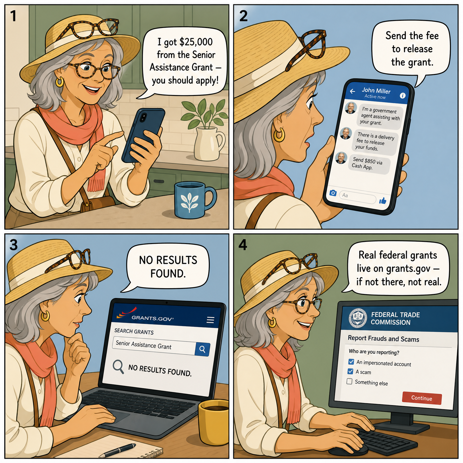 Fake Government Grant / 'Free Money' Pitch — comic illustration
