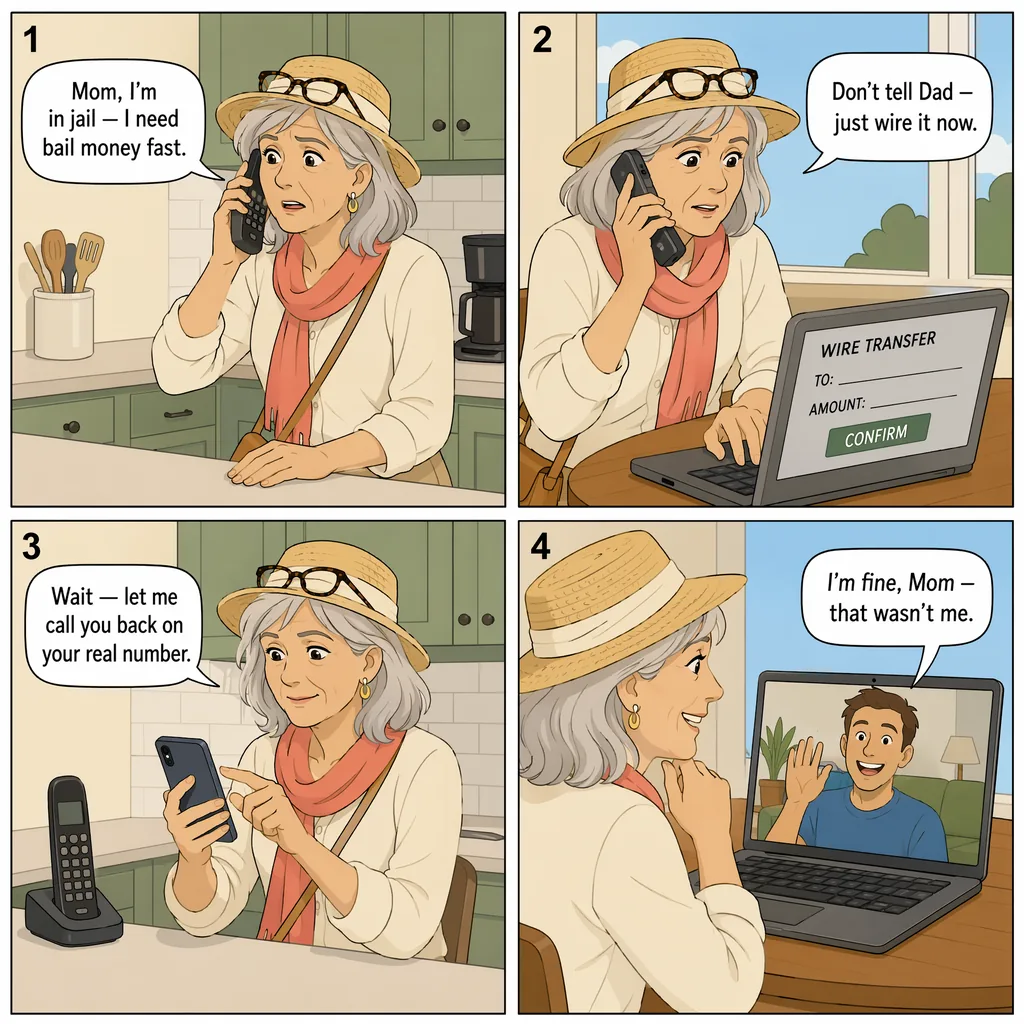 'Mom, I'm in Jail' — The Family-Emergency Voice Clone — comic illustration