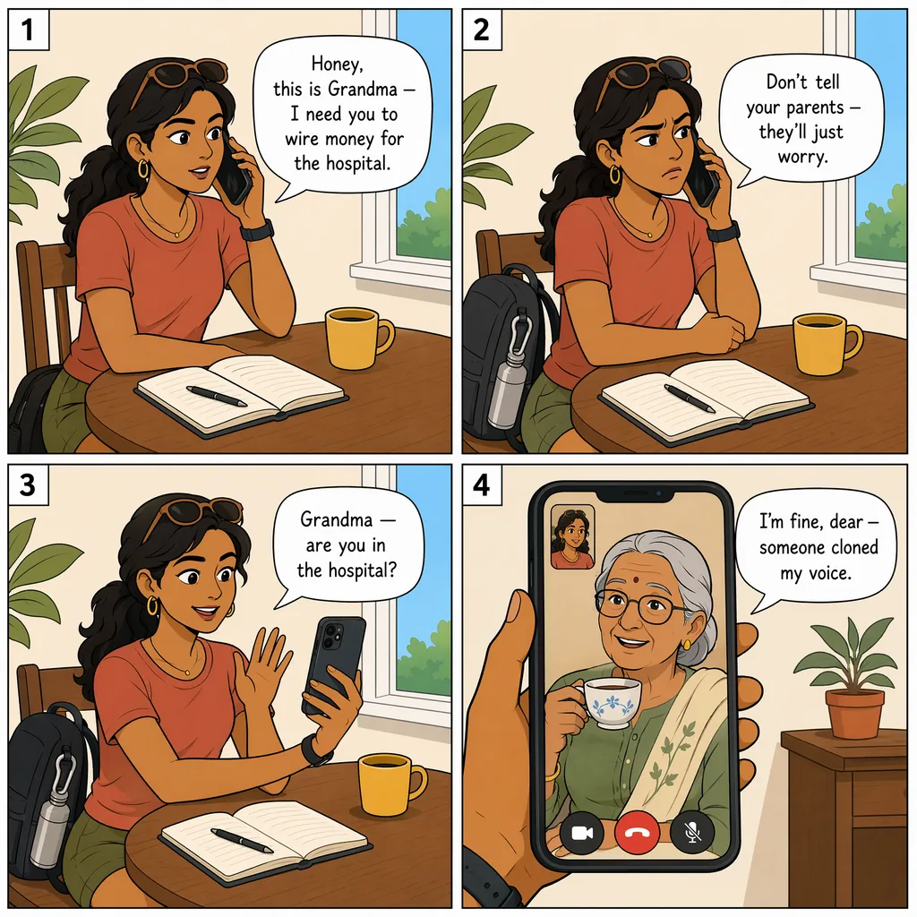 Reverse Grandparent — Scammer Calls Younger Relatives Posing as the Elder — comic illustration