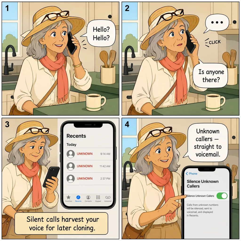 Silent-Call Voice Harvesting (the pre-attack reconnaissance) — comic illustration